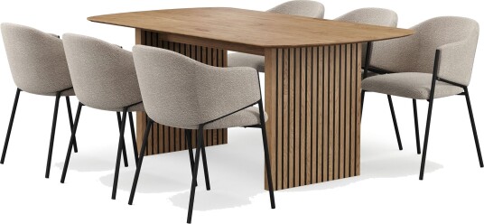 Richeto spisebord 180 cm med 6 Filip spisestoler - Naturlig finish / taupe bouclé