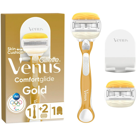 GILLETTE Venus Comfortglide Gold Barberhøvel + Ekstra Barberblad + Veggholder