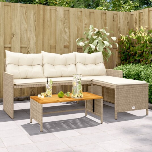 Hagesofa med bord og puter L-formet beige polyrotting 365583