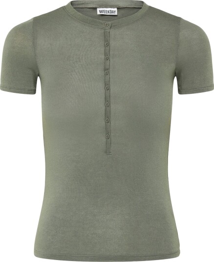 Weekday Henley Short Sleeved Top Khaki green M