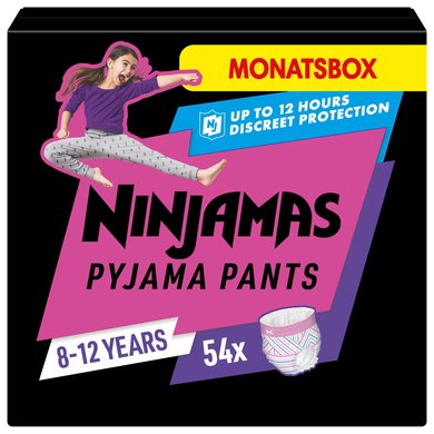 NINJAMAS Pysjamasbukser Månedsboks for jenter, 8-12 år, 54 stk. NINJAMAS Pysjamasbukser Månedsboks for jenter, 8-12 år, 54 stk.