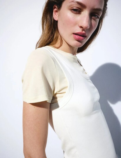 Mango Two Tone Contrast T Shirt Cream XL