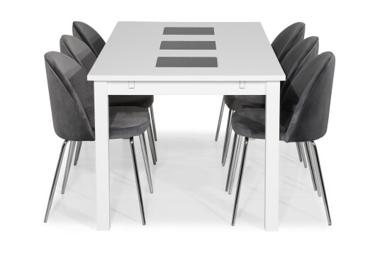 Basic Home Spisegruppe Octavia 180 med 6 Stoler Gerardo Fløyel Hvit|Grå|Forkrommede Ben