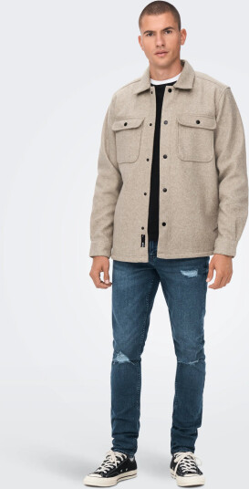 ONLY & SONS Onsash Ovr Woolen Look Pkt Ls Shirt Noos - Beige - XS