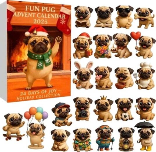 Morsom Mops Julekalender 2026 24 dagers nedtelling til jul med 2D flate mops hundeheng