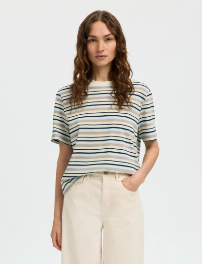 Selected Slfessential Ss Striped Boxy Tee Noos   Cream   S
