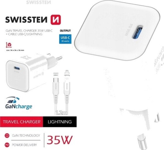 Swissten Reiselader Gan Usb-C 35 W Pd + Datakabel Usb-C Til Lightning 1,2 M