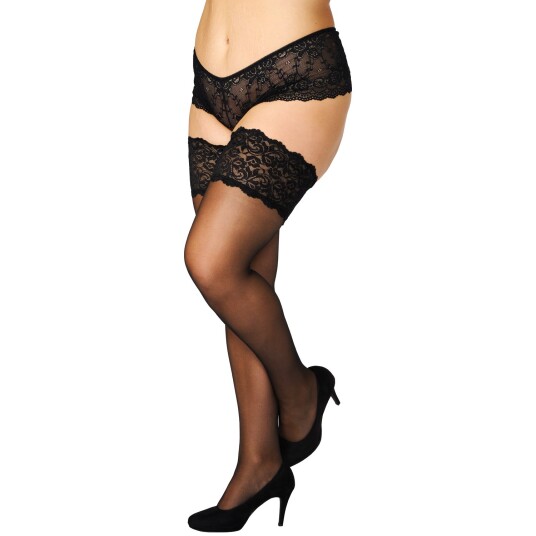 NORTIE Merian Selvsittende Strømper med Bred Blondekant Plus Size - Black - Plus size