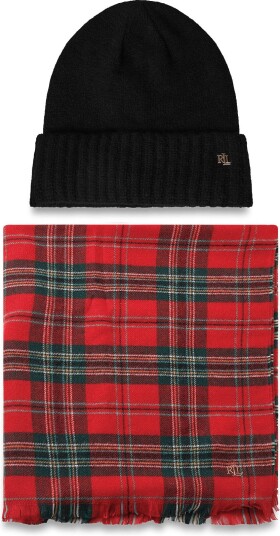 Lauren Ralph Lauren Plaid Scarf & Knit Beanie Gift Set RED STEWART One Size