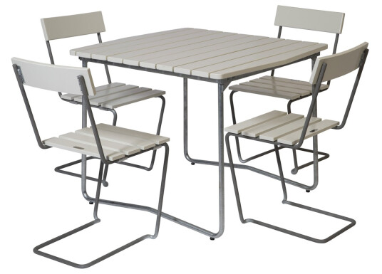 Grythyttan Stålmöbler B31 spisegruppe Hvitlakkert ek/galvanisert stål 4 stoler & bord 84 x 92 cm