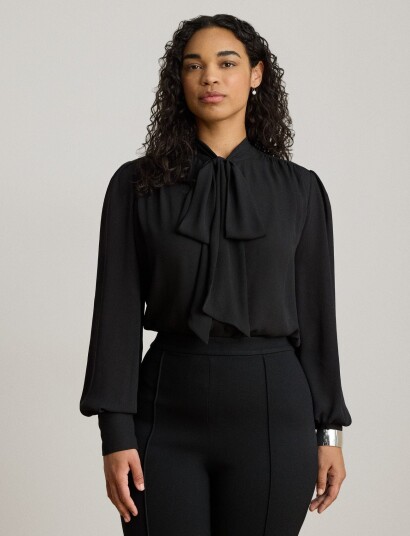 Lauren Ralph Lauren Georgette Tie Neck Blouse Black XS