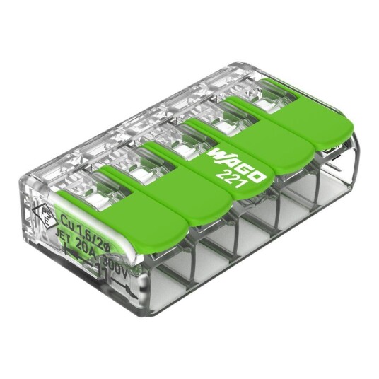 Wago Koblingsklemme 221 Grønn 5-Vejs 0.2-4mm²