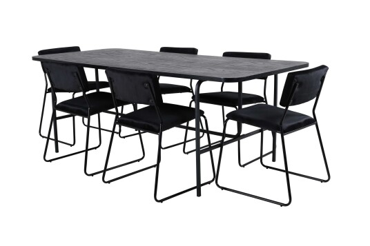 Venture Design Uno & Kenth spisegruppe Svart/svart 6 stoler & bord 200 x 90 cm