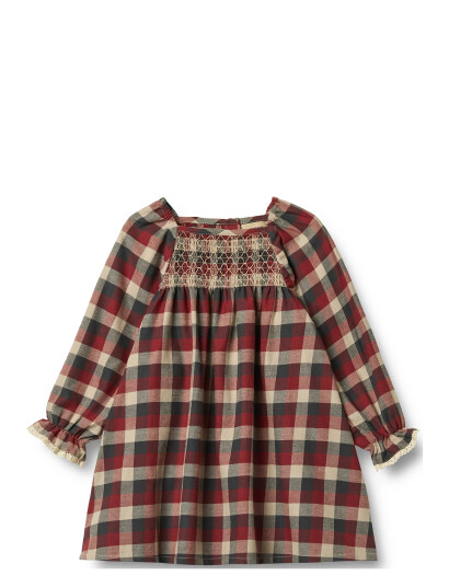 Wheat Red Blue Check Kjole L/S Lace Bella 4 år/104 Wheat Red Blue Check Kjole L/S Lace Bella 4 år/104