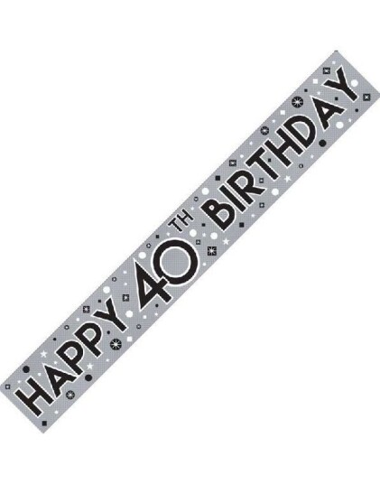 2,6 Meter "Happy 40th Birthday"   Banner med Glitrende Sølvfarge