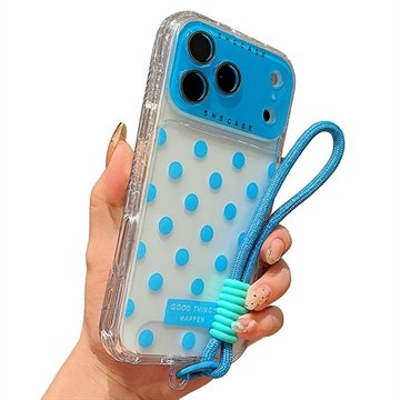 iPhone 17 Pro Max PC / TPU deksel med linsefilm og stropp   Polka Dot   Himmelblå