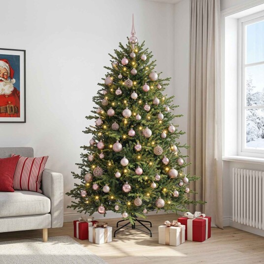 vidaXL Kunstig juletre med julekuler 240 cm 300 LED-lys Varmhvit