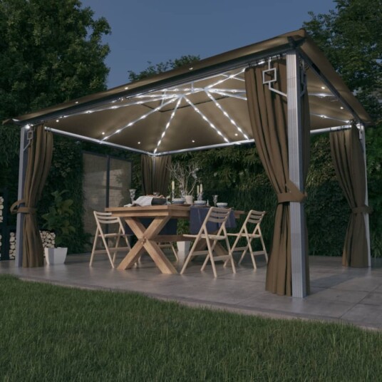 vidaXL Paviljong med gardin og LED-strenglys 4x3 m gråbrun aluminium vidaXL Paviljong med gardin og LED-strenglys 4x3 m gråbrun aluminium