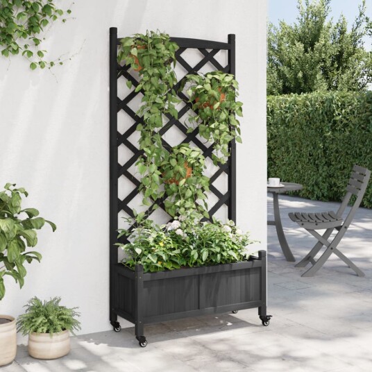  Plantekasse med espalier og hjul svart heltre gran