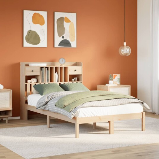 Seng med bokhylle uten madrass 120x200 cm heltre furu 8721158604118