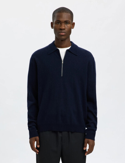 Selected Slhtray Merino Brushed Relaxed Zip Polo - Navy - XL Selected Slhtray Merino Brushed Relaxed Zip Polo - Navy - XL