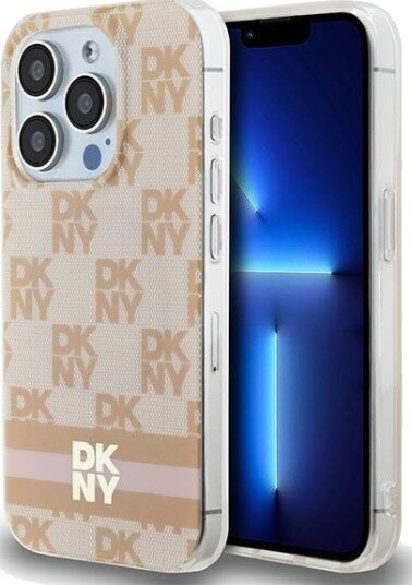 DKNY MagSafe-etui til iPhone 15 Pro med rutete design - rosa