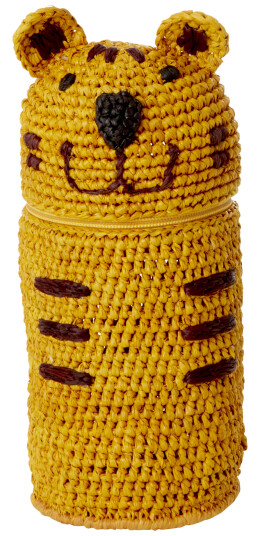 Rice Raffia Crocheted Pencil Case / Purse Tiger Shape Yellow 20cm x 10cm x 5cm