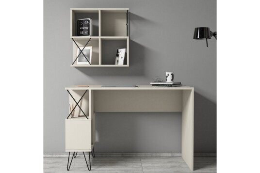 Skrivebord Amtorp 120 cm med Oppbevaringshylle + Bokhylle Li Kremhvit/Svart