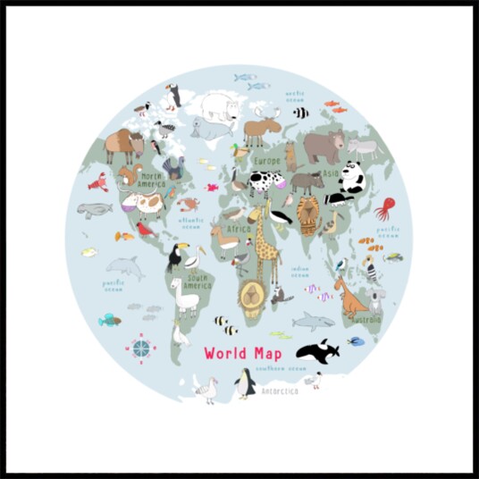 Cute Animal World Map Plakat / 30x30