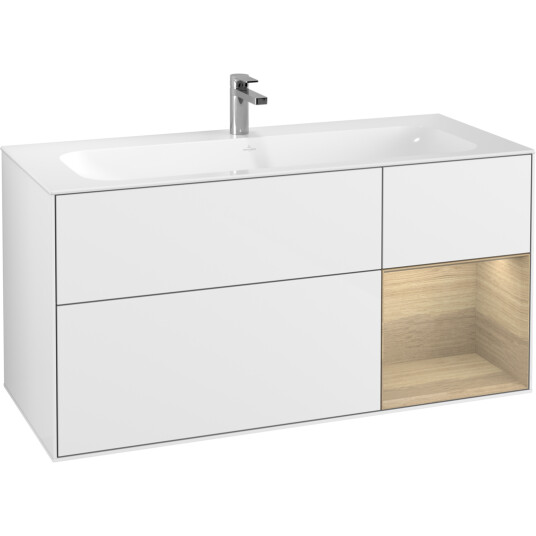 VILLEROY & BOCH FINION SERVANTSKAP 120 HVIT HØYGLANS LAKK M/LYS, HØYRESTILT EIKEFINÉR HYLLE VILLEROY & BOCH FINION SERVANTSKAP 120 HVIT HØYGLANS LAKK M/LYS, HØYRESTILT EIKEFINÉR HYLLE