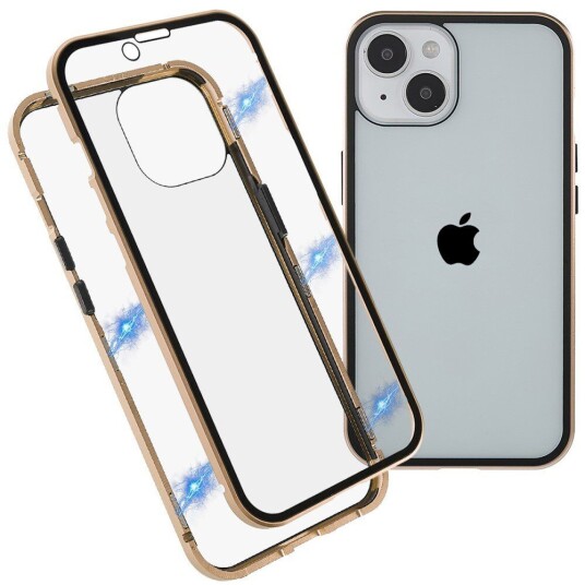 INCOVER iPhone 14 Deksel med Magnetisk Metallkant Glass- Foran og Bak - Gull