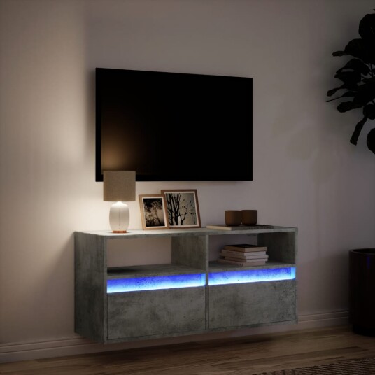 Vegghengt TV-benk med LED-lys betonggrå 100x31x45 cm 852337 Vegghengt TV-benk med LED-lys betonggrå 100x31x45 cm 852337