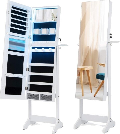 LED smykkeskap med speil i full lengde og sminkespeil 41 x 37 x 156 cm hvit
