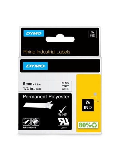 DYMO Dymo Rhino permanent polyester 6mm x 5.5m - sort p hvit