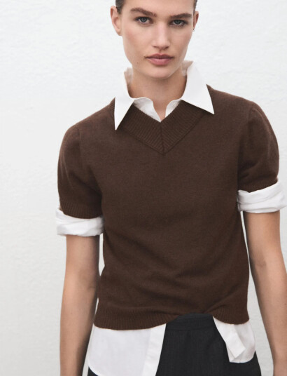 Mango V Neck Knit Sweater Brown M