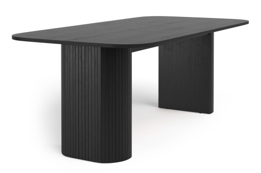 Bark Kopparbo Spisebord 200 cm med 6 Greya Spisestoler med armlener Svart / Greige Bouclé / Metallben Eik