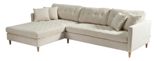 Marino Deluxe sjeselongsofa høyre eller venstrevent med puter fløyel sandfarget.