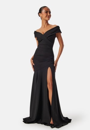 Goddiva Bardot Pleat Maxi Split Dress Black S (UK10)