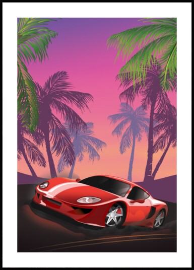 Red Sports Car Sunset Plakat / 40x50