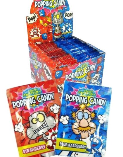 50 stk Crazy Candy Factory Popping Candy med Jordbærsmak og Blå Bringebær av 7 gram Hel Eske 350 gram