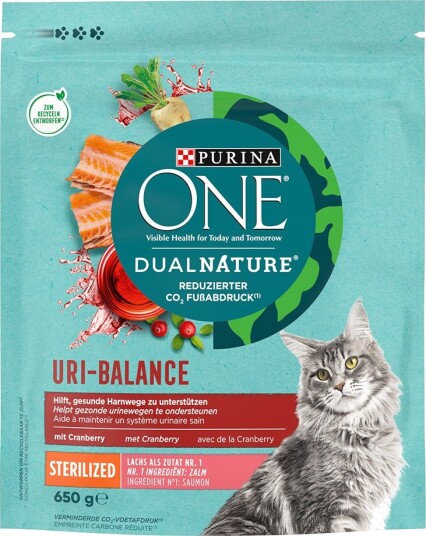 Purina One tørrfôr Dual Nature Sterilized med laks og tyttebær 2 x 650 g