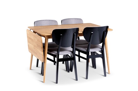 Alborg Uttrekkbar Spisegruppe 120 160 cm med 4 Borgholm Stoler i heltre Natur/Svart/Lys brun
