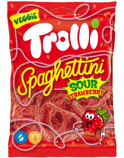 Trolli Spaghettini Sour Strawberry Sure Jordbærsnører 100 gram Trolli Spaghettini Sour Strawberry Sure Jordbærsnører 100 gram