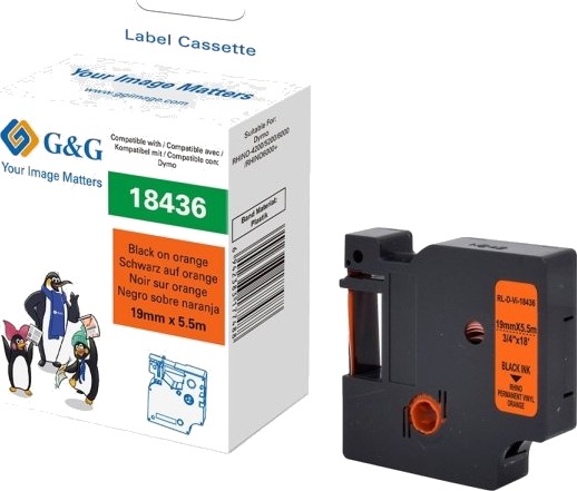 G&G 21695 Svart På Oransje Kontinuerlig Etikett Svart Vinyl Dymo 1,9 Cm