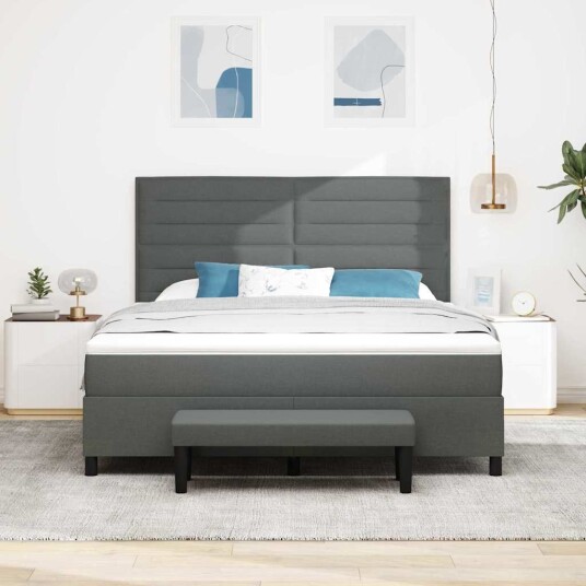 Box Spring Seng med Madrass & Benk Mørkegrå 180x200 cm Stoff