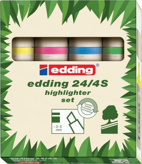 Edding Ecoline 24 Markeringspenn Gul Oransje Rosa Lysegrønn Vannbasert Blekk 2-5 Mm En Pakke 4