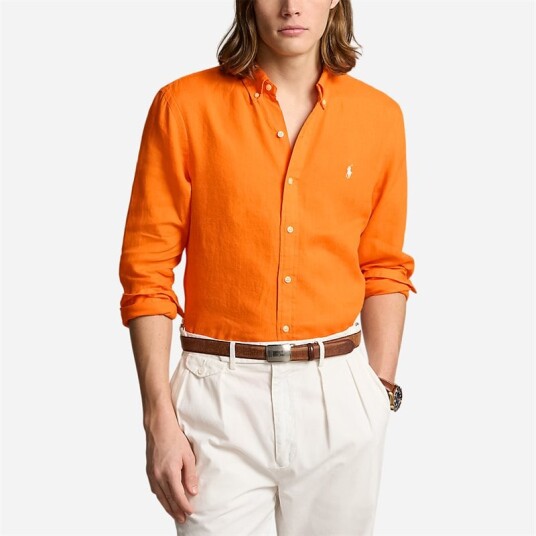 Slim Fit Linen Shirt Bright Signal Orange