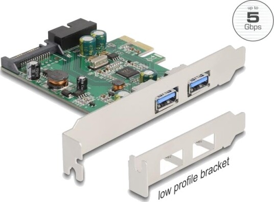 Delock PCIe til USB-adapter PCI Express x1 Card to 2 x external USB 3.2 Gen 1 Type-A + 1 x internal 19 pin USB pin header male Low Profile Form Delock PCIe til USB-adapter PCI Express x1 Card to 2 x external USB 3.2 Gen 1 Type-A + 1 x internal 19 pin USB pin header male Low Profile Form