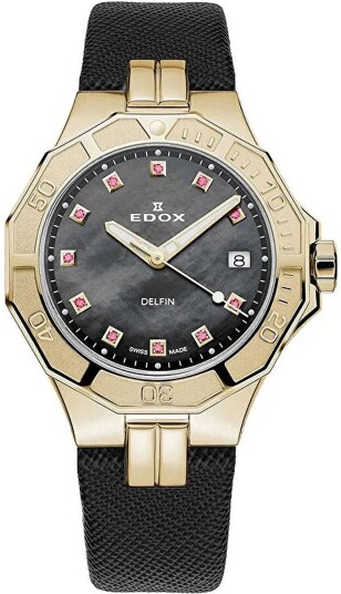 Edox Dameklokke 53020 37JC NANRUD Delfin Sort/Lær Ø38 mm