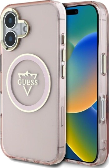 Guess IML Metal Mountain MagSafe Mobildeksel til iPhone 16 - Rosa